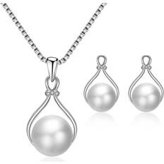 Pärlor Smyckesset Neoglint Women Necklace Earrings Set - Silver Chain Pearl