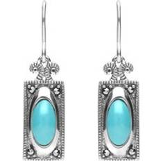 Turquoise Earrings C W Sellors Sterling Silver Turquoise Marcasite Oval Oblong Drop Hook Earrings - Silver
