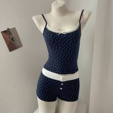 Shein Underkläder Shein Kvinnors Kontrast Spets Rosett Dekor Ditsy Blommiga Cami Top och Shorts Casual Loungewear Set - Blå