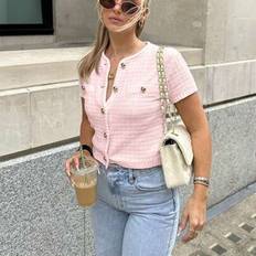 Pink - Women Cardigans Shein Spring And Summer New Pink Solid Color Round Neck Metal Buckle Knitted Short Sleeved Cardigan - Pink
