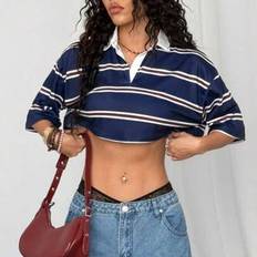 Stretch Polo Shirts Shein StreetHx Women's Form-Fitting Striped Contrast Color Polo Neck T-Shirt - Spring/Autumn