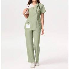 Work Clothing Sets Shein Women Contrast Color V-Neck Scrub Top And Pants Scrub Uniform Set