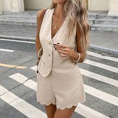 Polyester - Women Suits Shein Elegant Solid Color Simple Casual Shell Side Embroidery Sleeveless V-Neck Vest Shorts Set - Summer