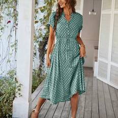 Shein Polka Dot Drawstring Button Front Dress Maxi Vacation Beach Outfits - Women