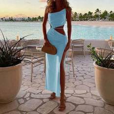Polyester Dresses Shein Women's Summer Solid Color Asymmetric Neckline Ruffle Drawstring Hollow-Out Thigh-High Slit Sleeveless Sexy Dress - Summer