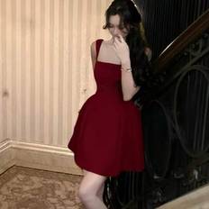 Shein Elegant Burgundy Tutu Dress Summer Plain Corset Princess Party Short Dresses - Burgundy