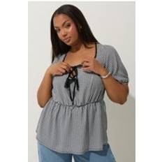 Yours Gingham Bow Tie Front Top - Black