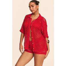 Röda Saronger & Kimonos PrettyLittleThing Red Crochet Short Sleeve Beach Shirt