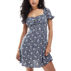 New Look Gingham Floral Embroidered Milkmaid Mini Dress - Navy