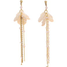 Shein Elegant Silver Needle Pearl White Shell Shaped Petals Inlaid Rhinestone Long Tassels Dangle Earrings - Silver