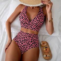 Tankinis Shein Damen Sommer Urlaubs Leoprint V-Ausschnitt Tankini Crop Top - Leoprint