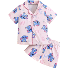 Shein Young Girl Cute Cartoon Drop Ear Blue Rabbit Print Short Sleeve T-Shirt And Shorts Comfy Casual Pajama Set - Blue Rabbit Print