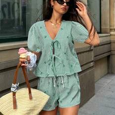 Shein Dam Shorts Shein Fluga För Damer Kortärmad Skjorta - Grön