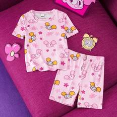 Polyester Pyjamases Shein Young Girl Cartoon Cute Cartoon Floral All-Over Printed Knit Rib Snug Fit Pajama Loungewear Set - Spring/Summer