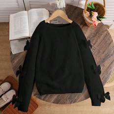 Black Knitted Sweaters Children's Clothing Shein Tween Girls Casual Round Neck Long Sleeve Hollow Out Bow Sweater - Autumn/Winter