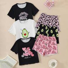 Shein Girls Leopard Lips Avocado Print Short Sleeve Top And Shorts Pajama Set - Home Clothing