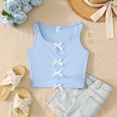Blue Tank Tops Children's Clothing Shein Tween Girls Casual Street Chic Bow Decor Camisole Top
