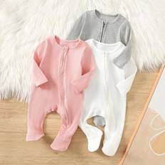 Babies Jumpsuits Shein 3pcs Pack Newborn Baby Boy Minimalist Soft Long Sleeve Round Neck Zipper Crotch Comfy Knit Romper Jumpsuit