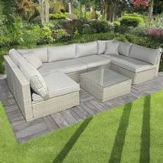 Garden Rattan Grey U Shaped Sofa Furniture Glass Coffee Table One Size