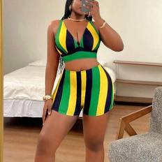 Dam - Stretch Tankinis Shein Plus Size Dam 2st Set Randigt Grafiskt Tryck V-hals Tankini Topp - Multifärgad