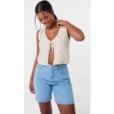 Beige Vests Stone Crochet Tie Front Waistcoat - Beige