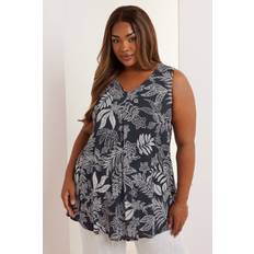 Blue - Women Tank Tops Yours Palm Leaf Pleat Front Vest Top - Dark Navy