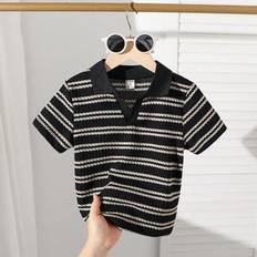 Black Polo Shirts Children's Clothing Shein Young Boy Casual School Style Waffle Striped Knit V-Neck Polo Shirt