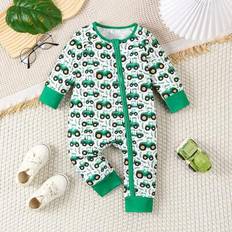 Jumpsuits Shein Spring Baby Boys Crawler Jumpsuit With Cute Green Tractor Print Pattern - Comfortable