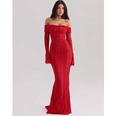 Belle Off Shoulder Floral Lace Maxi Dress - Red