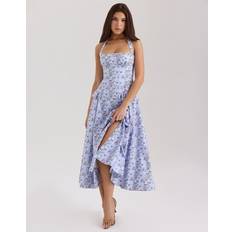 House of CB Claudia Stretch Cotton Halter Neck Midi Dress - Blue Floral Print