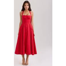 House of CB Claudia Stretch Cotton Button Halter Neck Midi Dress - Red