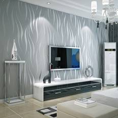 Living and Home Grey Wave Striped Non Woven Embossed Flocking Wallpaper 950 cm