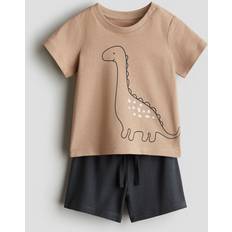 Bomull Övriga sets H&M Baby 2-Delat Set I Bomullstrikå - Mörkbeige/Dinosaurie