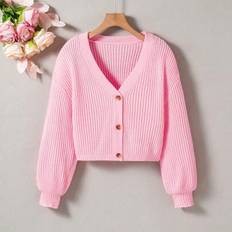 Cardigans Shein Tween Girl Casual Solid Color Lantern Sleeve Cardigan