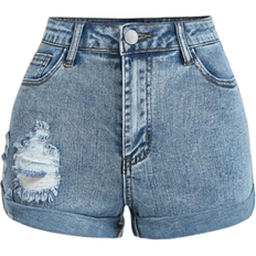 Shein Teen Girls Ripped Roll Up Hem Denim Shorts