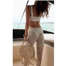 Vita Strandväskor PrettyLittleThing Cream Beaded Macrame Tassel Beach Bag - White
