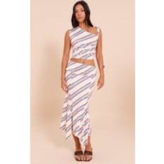 PrettyLittleThing Cream Stripe Foldover Ruched Detail Midi Skirt - White