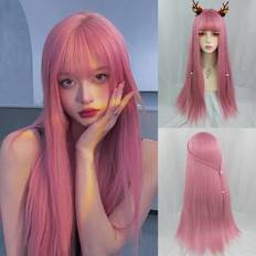 Pink Wigs Shein Long Pink Blue Synthetic Straight Women Wig With Bangs