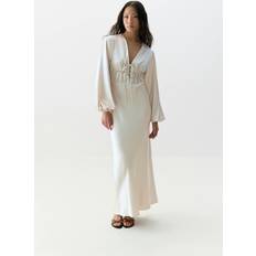 Gina Tricot Satin Long Sleeve Midi V Neck Tie Front Ruched Detail - Light Beige
