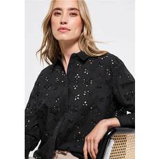 Blusen Street One Frauen Hemdbluse mit Lochstickerei - Schwarz