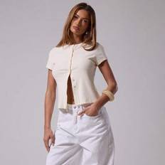 Shein Ribbad Rund Halsknapp Genom Kortärmad T-shirt - Beige