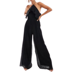 ASOS DESIGN Textured Halter Wide Leg Jumpsuit with Frill Detail - Black