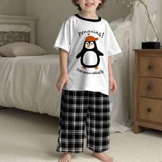 116/122 Pyjamasar Barnkläder Shein Casual Penguin Cartoon Plädmönster Pyjamasset - Multifärgad