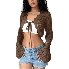 Shein Flirla Women's Spring Summer Casual Solid Color Hollow Out Knitted Cropped Cardigan,Long Sleeve Tops