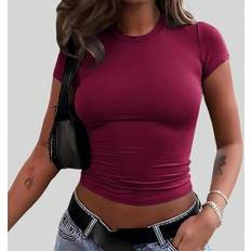 Shein Damen Schlichte Rundhals Kurzarm Plissee T-Shirt - Sommer