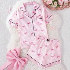 Girls Night Garments Children's Clothing Shein Girl Pajamas Set Bow Stripe Faux Silk Color Block Short Sleeve Top - Casual