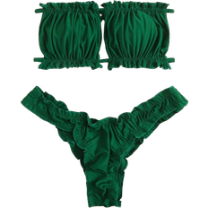 Green - Women Bikini Sets Shein Swim Summer Beach Ruched Lettuce Trim Bandeau Bikini Set