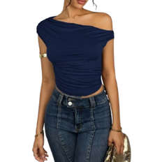 Shein Womens Solid Ruched Asymmetrical Shoulder Summer Blouse
