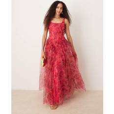 Corset Drop Hem Maxi Dress - Pink/Red Rose