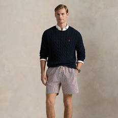 Polo Ralph Lauren Red Swimwear Polo Ralph Lauren Traveler Icon Logo Seersucker Stripe Swim Shorts - Burgundy